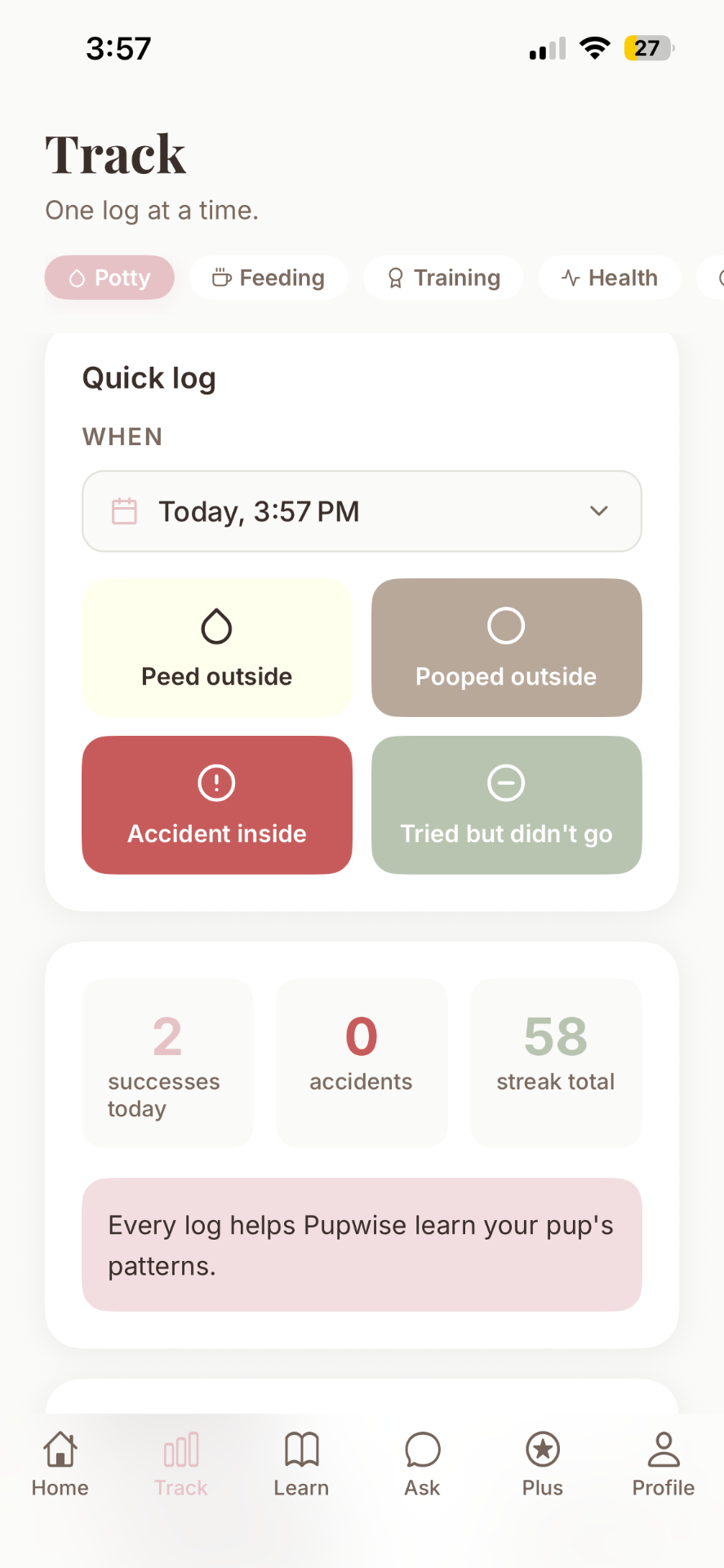 Pupwise Track screen