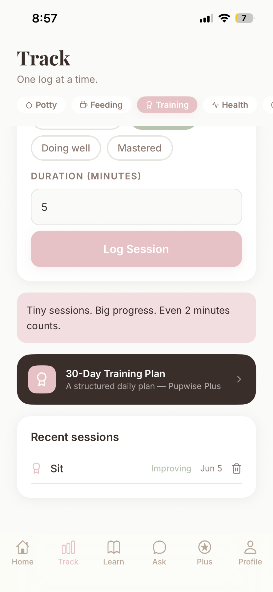 Pupwise Training screen