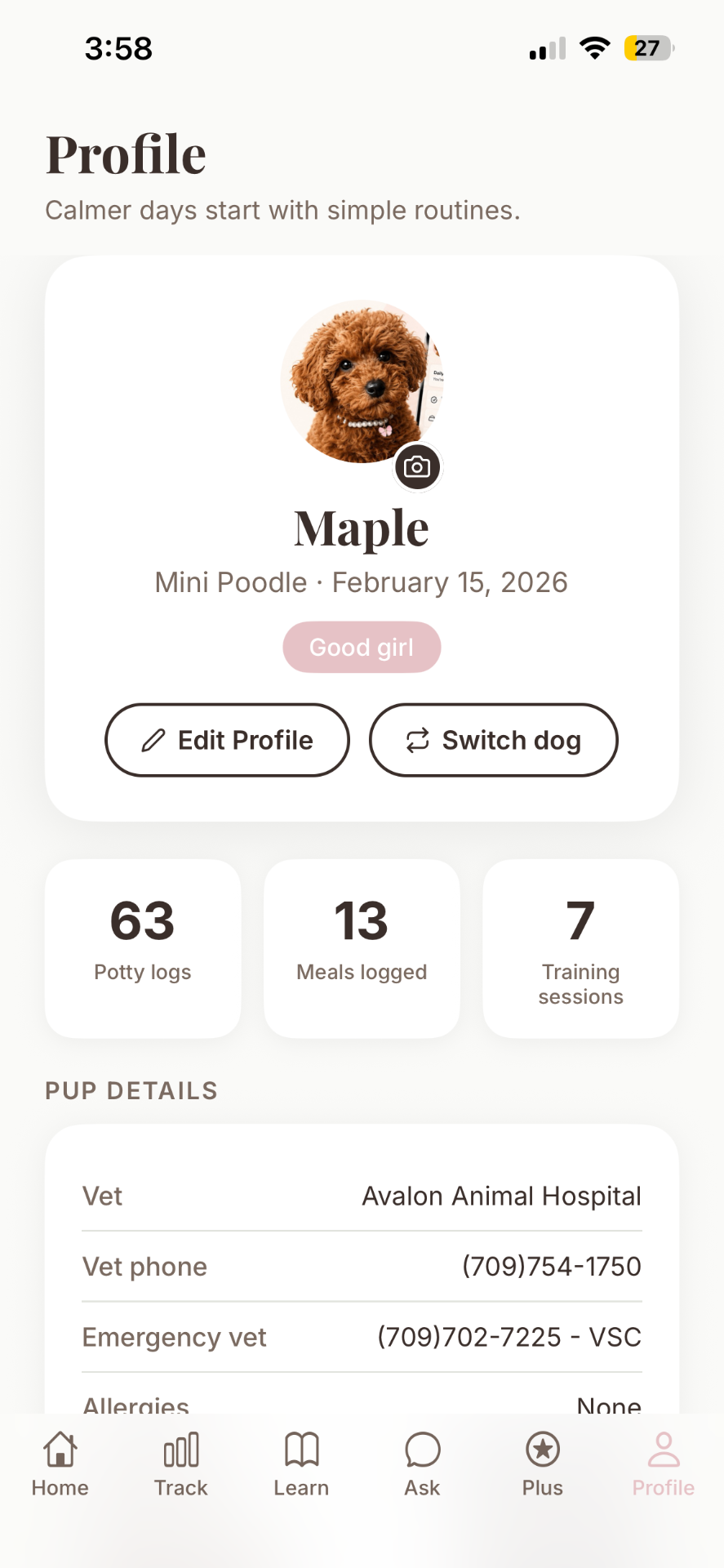Pupwise Profile screen
