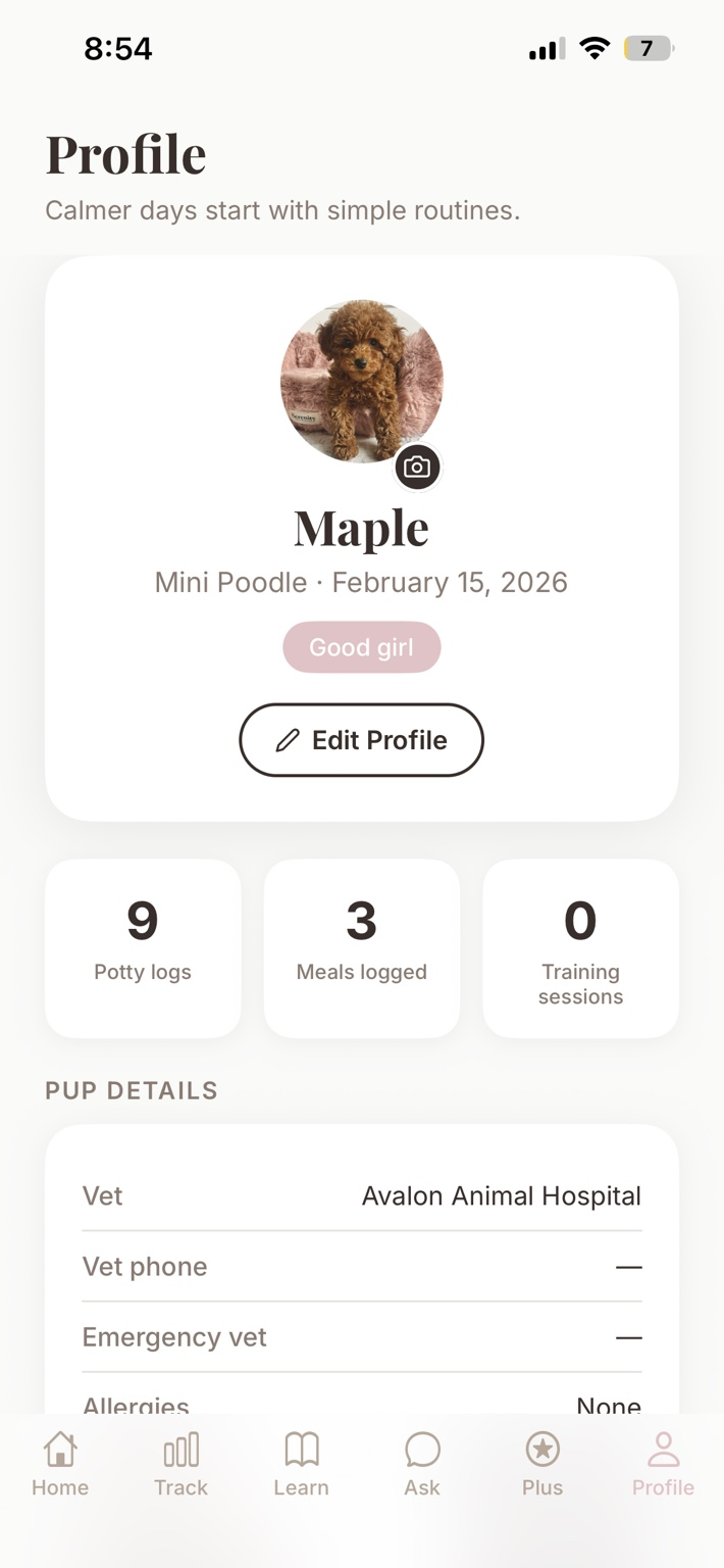 Pupwise Profile screen