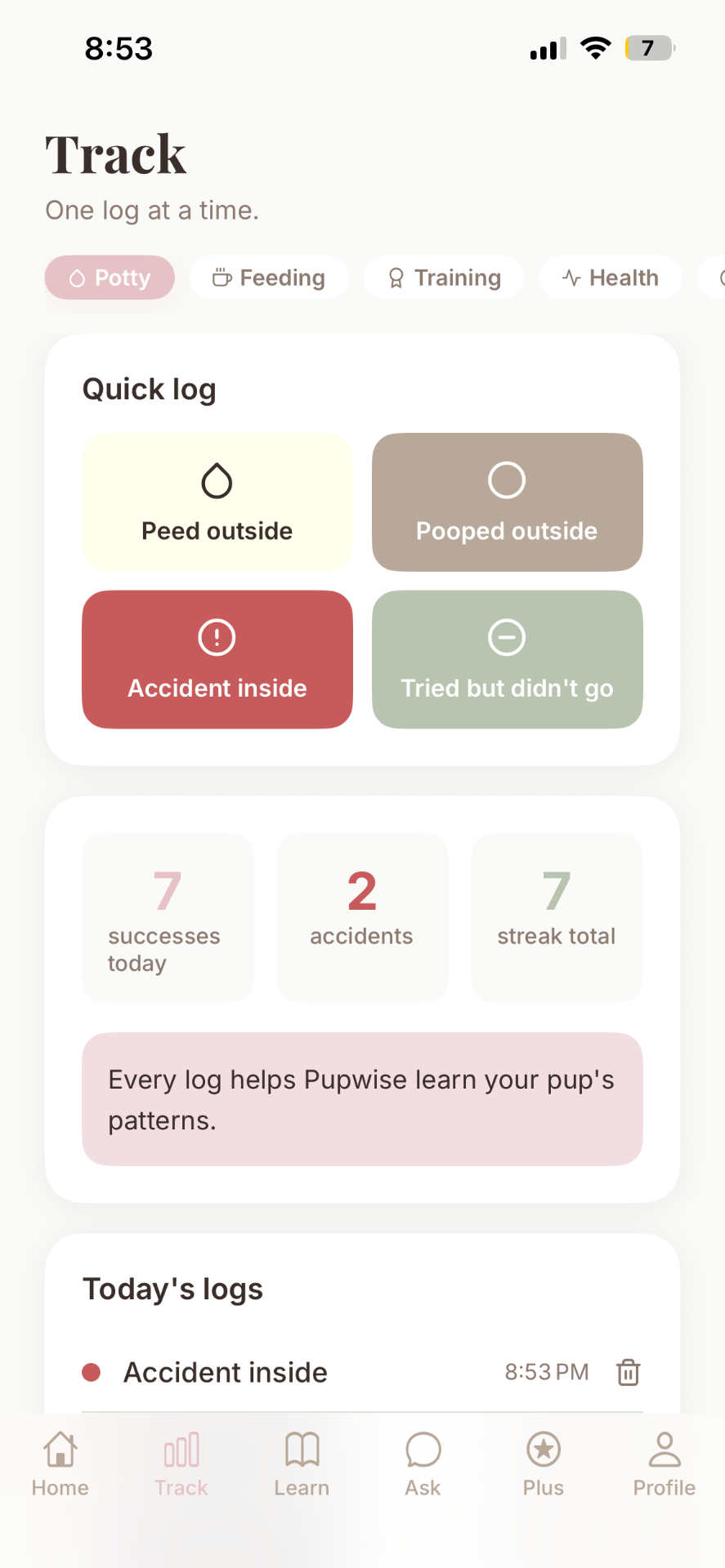 Pupwise Track screen